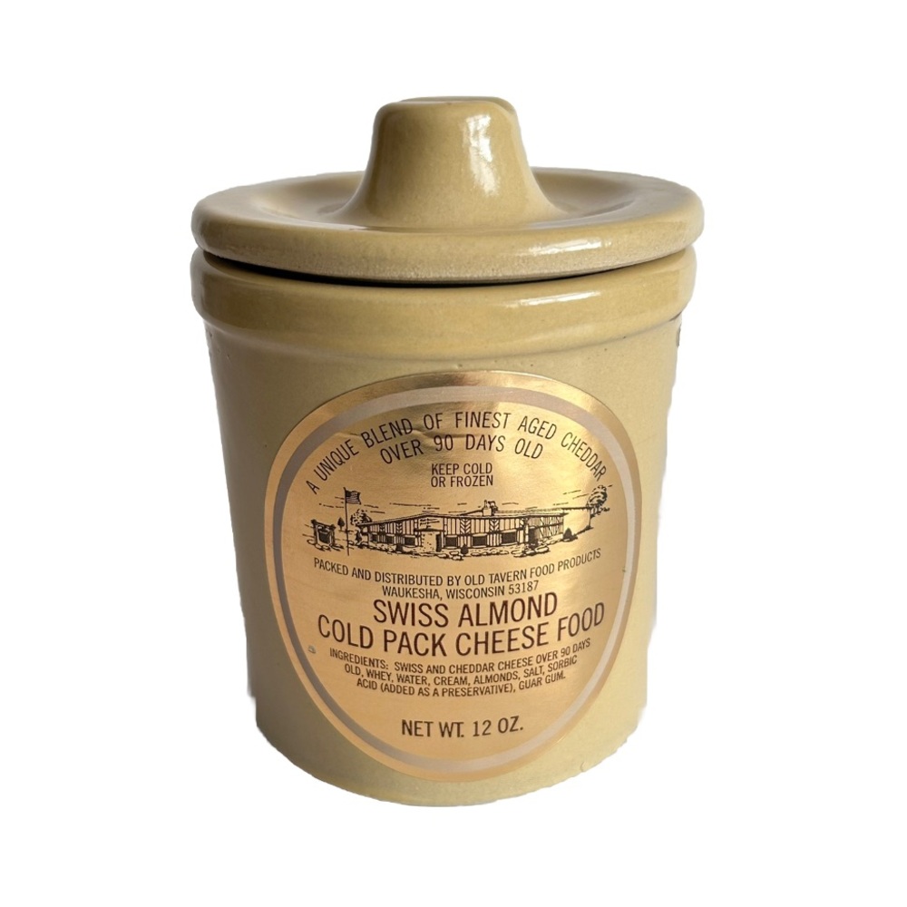 Vintage Old Tavern Food Empty Cheese Jar Crock With Original Gold Label Cream